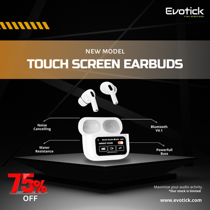 Evotick Earbuds with Touch Screen Display for Sports Music Gaming, ANC & ENC