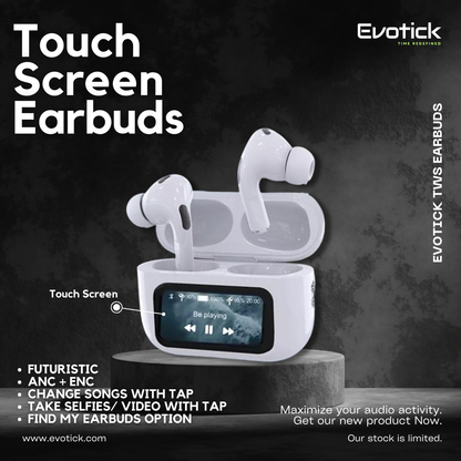 Evotick Earbuds with Touch Screen Display for Sports Music Gaming, ANC & ENC