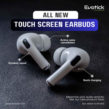 Evotick Earbuds with Touch Screen Display for Sports Music Gaming, ANC & ENC