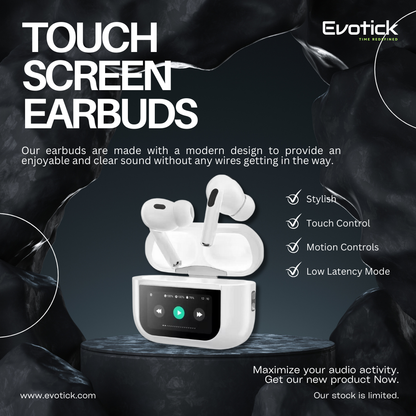 Evotick Earbuds with Touch Screen Display for Sports Music Gaming, ANC & ENC